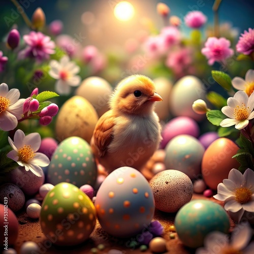 Yellow chick surrounded by eggs on spring meadow or field with green grass with flowers. Easter concept for banner  flyer or poster.