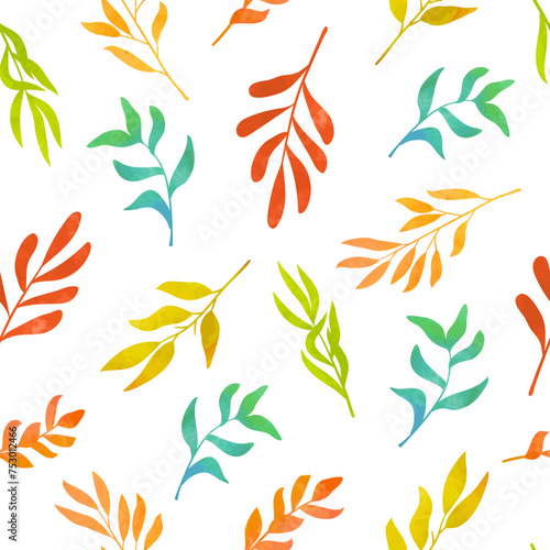 Colorful floral pattern with abstract leaves and branches. Vector watercolor autumn illustration