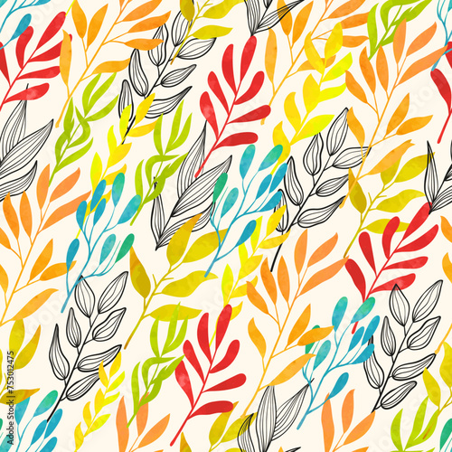 Colorful floral pattern with abstract leaves and branches. Vector watercolor illustration