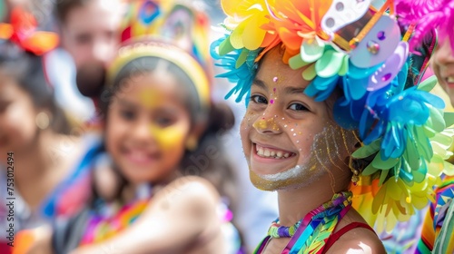 Close-up of a child's beaming smile, dressed in a festive and colorful costume with face paint at a carnival celebration.