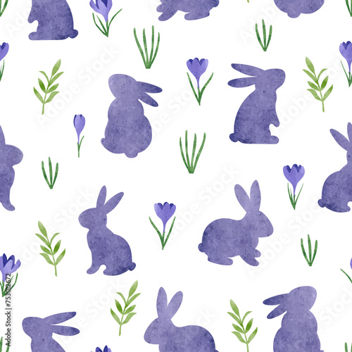 Seamless Easter pattern with watercolor bunny and crocus flowers