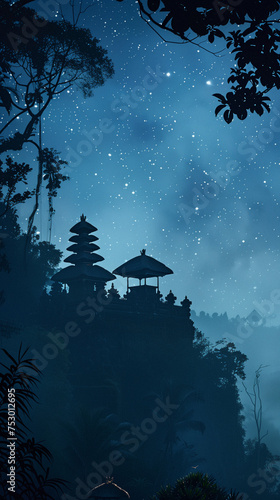Balinese silence day poster and stories background 9:16 with night temple silhouette on a hill and starry sky in dark blue colours, with slightly canvas effect