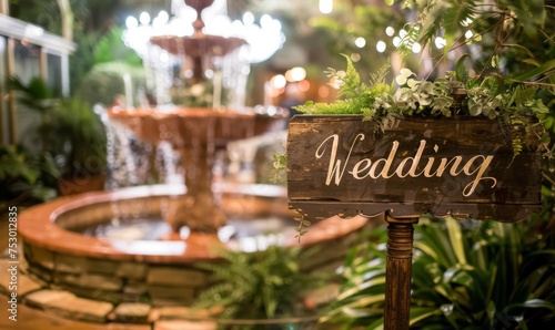 Wedding decor with decorative accents such as a wooden plaque with the word  Wedding  and a beautiful fountain.