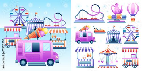 Amusement park flat cartoon icons and illustration set