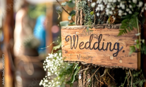 Wedding decor with decorative accents such as a wooden plaque with the word "Wedding" and a beautiful fountain.