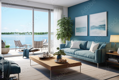 Modern comfort meets maritime charm in a living room featuring aqua throw blankets  navy accent walls  and a panorama of summer skies through large windows