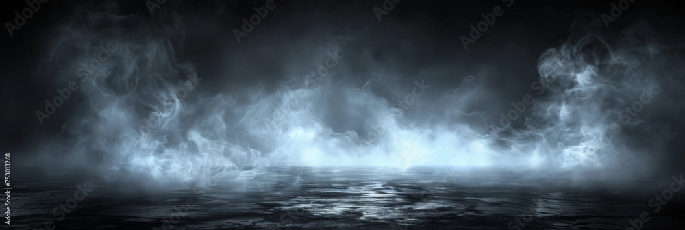 white smoke on dark black background , ark blue room background with smoke and floor, Dark empty scene, blue neon searchlight light, smoke, night view, rays.