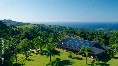 A serene outdoor scene showcasing a solar panel installation and accompanying energy storage units nestled among lush greenery under a clear blue sky.