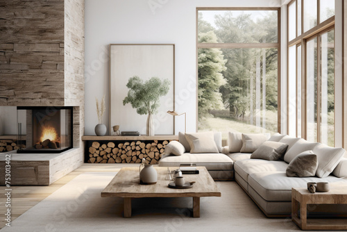 Modern Scandinavian design meets the rustic charm of wooden accents in a well-balanced living space.