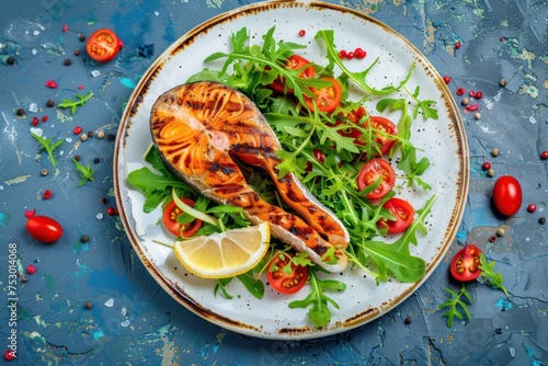 Grilled fish salmon steak and green salad with lemon on ceramic plate on rustic blue stone background top view, balanced diet or healthy nutrition meal with salmon and veggies