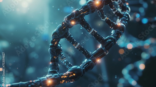 DNA double helix being intertwined with high-tech robotic arms implying a blend of biology and technology. photo
