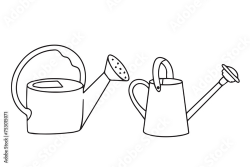 Garden watering cans in doodle style. Simple icons of watering cans. Hand-drawn outline of a watering can for the garden. Vector