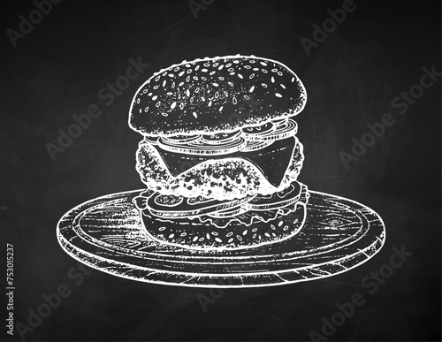 Chalk drawing of burger sandwich fast food meal with cutlet and cheese on wooden cutting board plate. Vector illustration on chalkboard background.