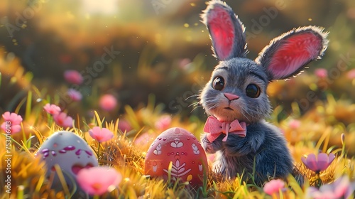 Cute Bunny in Meadow with Easter Eggs, To provide a visually appealing and high-quality image of a cute bunny with Easter eggs for use in various photo