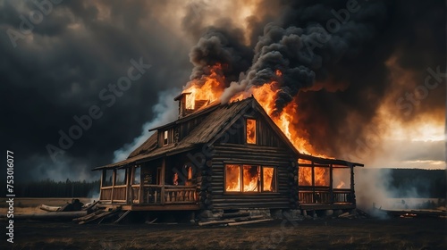 Major fire on a cabin log house with dark clouds of smoke and explosion from Generative AI