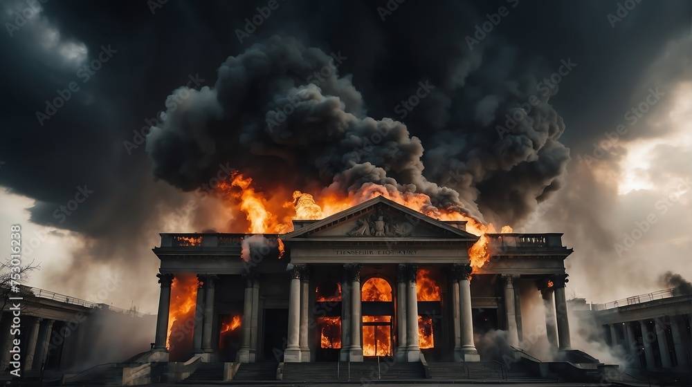 Major fire on a public library with dark clouds of smoke and explosion from Generative AI