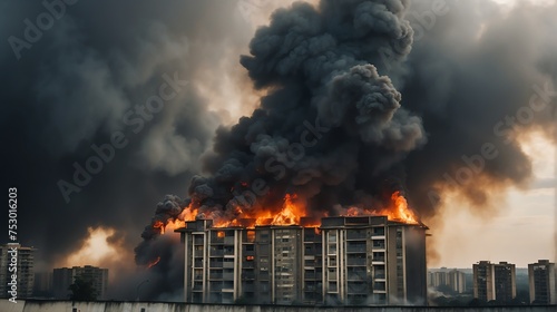 Major fire on a large aparment complex building with dark clouds of smoke and explosion from Generative AI