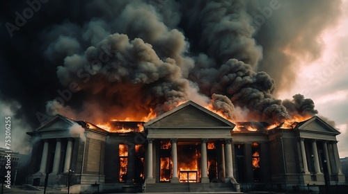 Major fire on a public library with dark clouds of smoke and explosion from Generative AI
