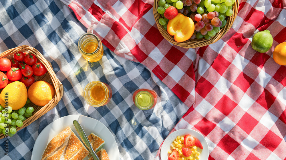 A picnic blanket with a red and white checkered pattern, featuring fruits in baskets, sandwiches on plates, glasses of juice, and fruit