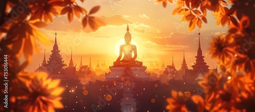 Autumn Sunset Buddha Statue in Thailand, To provide a visually striking and spiritually inspiring image of a Buddha statue in a unique and © Sittichok