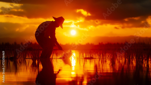 Silhouette of an Asian farmer in the rice field at sunset, working hard to plant the paddy field