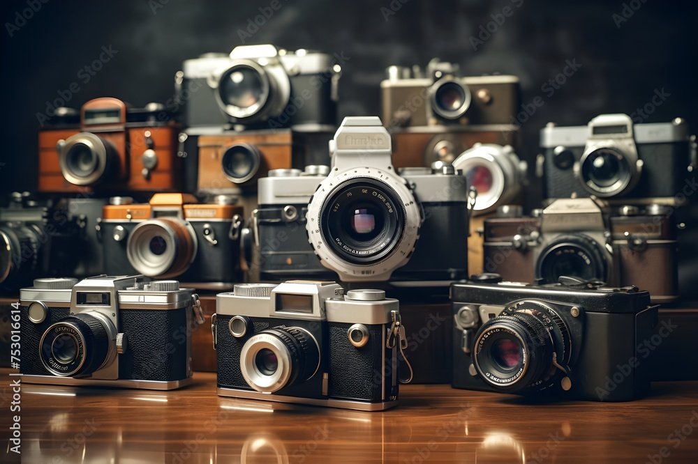 Vintage Film Cameras Collection: A montage of vintage film cameras, showcasing the evolution of photography technology through the years.

