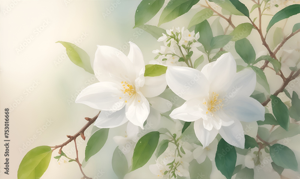 Fototapeta premium Jasmine flowers in bloom on branches in garden. Bouquet of flower watercolor painting. Beautiful flower. Lovely flower. Branch of Jasmine flower bouquet . Banner.