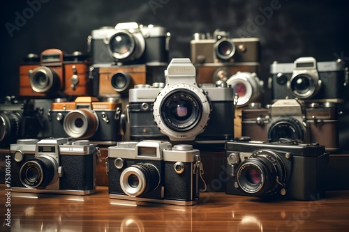 Vintage Film Cameras Collection: A montage of vintage film cameras, showcasing the evolution of photography technology through the years.