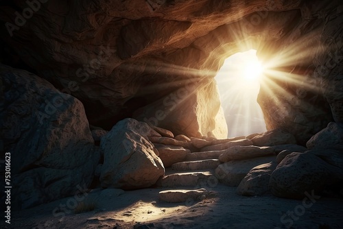 cave in the cave tomb with stone rocky cave and light rays bursting from within.