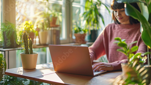 Woman in pink sweater sitting at a wooden table, working on laptop with cacti and plants around her, sunlight coming through the window, bokeh effect