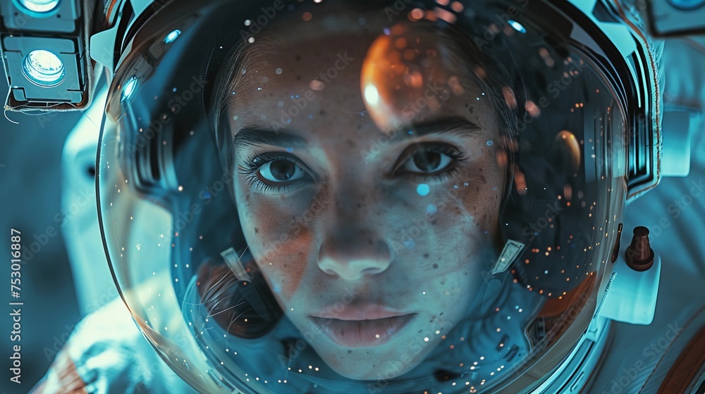 Young Female Astronaut With Reflective Visor, Gazing Intensely, Cosmic Particles, Detailed Helmet, Cool Tones, Human Space Flight. AI Generated - obrazy, fototapety, plakaty 