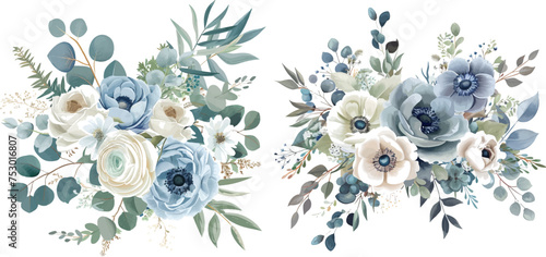 Dusty blue rose, white hydrangea, ranunculus, anemone, eucalyptus, greenery, juniper, magnolia vector design frame