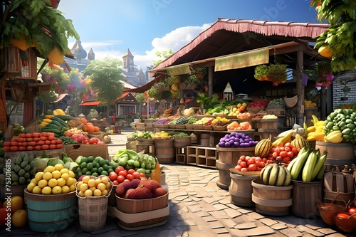 Colorful Fruit and Vegetable Market: A lively market scene featuring an array of colorful fruits and vegetables, promoting healthy living.