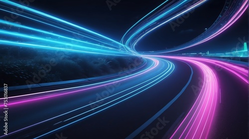 Warp speed dark blue neon lights motion on a winding curved road from Generative AI