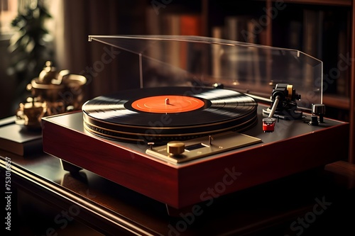 Vintage Vinyl Record Players: Artfully arranged vintage record players, turntables, and vinyl records, appealing to audiophiles and music enthusiasts.