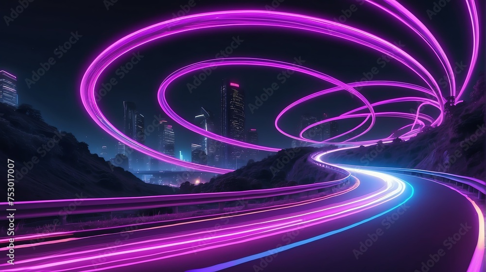 Warp speed purple neon lights motion on a winding curved road from Generative AI