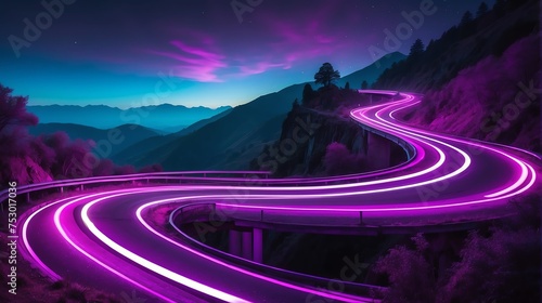 Warp speed purple neon lights motion on a winding curved road at the side of a mountain cliff from Generative AI
