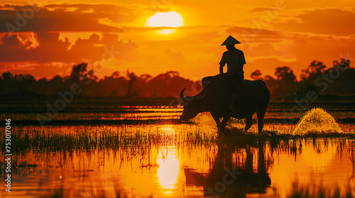 Silhouette of an Asian farmer riding a buffalo in a rice field at sunset, with golden hour light reflecting on the water surface © Ratthamond