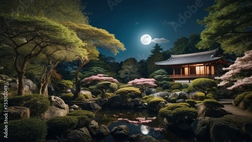 Enchanting atmosphere when you are looking at the full moon in the night sky  surrounded by the beauty of the Japanese garden