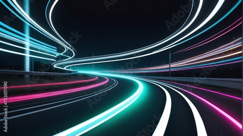 Warp speed white neon lights motion on a winding curved road from Generative AI