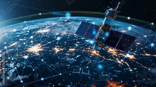 Satellite over planet Earth, Telecommunication blue hologram network.