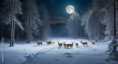 白銀に輝く満月と雪中の鹿 © Masato Photography