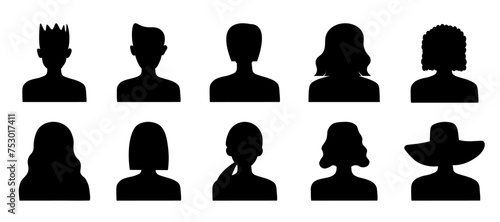 Set of silhouettes of heads of women and men, avatars. Vector illustration of faceless male and female avatars isolated on transparent background.