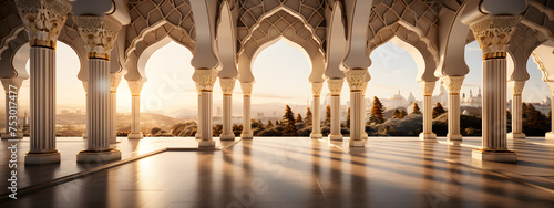 An unoccupied setting intended for text, highlighting an elegant mosque as the central motif, islamic background