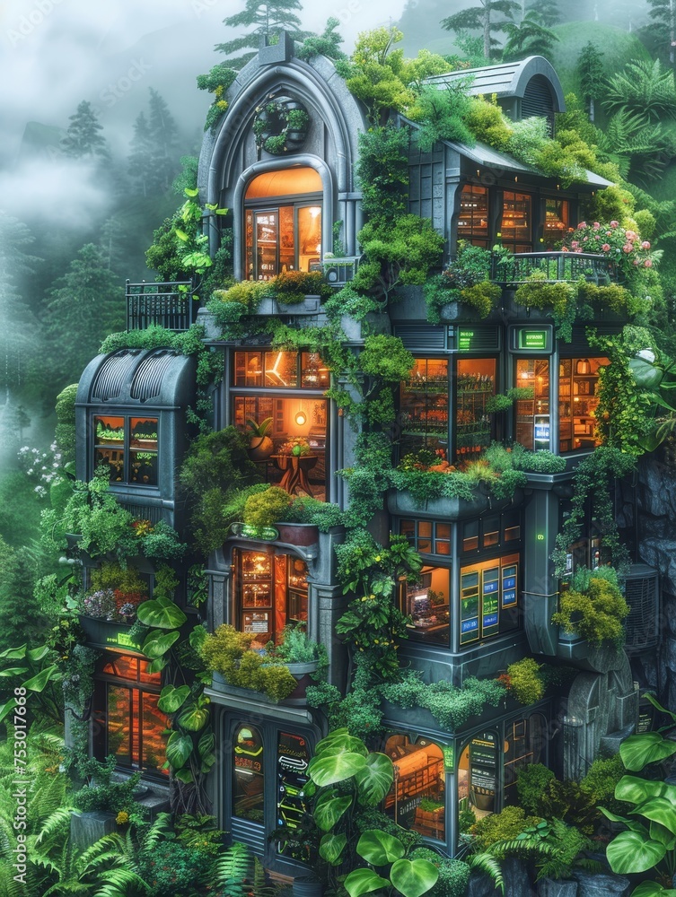 Obraz premium A building covered in plants and vines