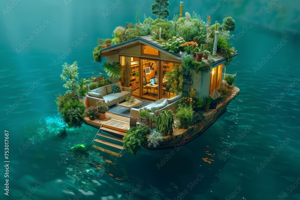 Obraz premium A house is floating on the water with a garden on top