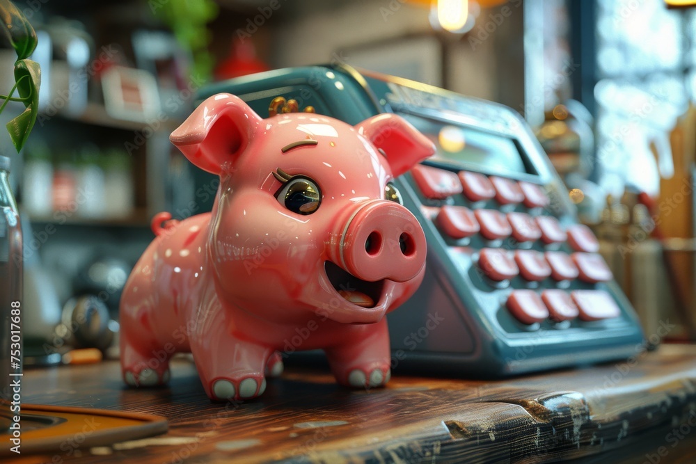 Obraz premium A small pig figurine is sitting on a table next to a calculator