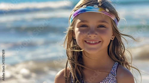 Young Girl Smiling at the Ocean in St Nicholas, Texas, To capture the essence of a joyful and carefree childhood summer moment near the ocean photo