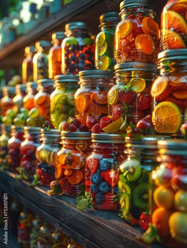 A row of glass jars filled with various fruits and vegetables