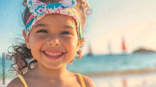 Girl in Colorful Beachwear, Smiling Happily, To convey a feeling of happiness, relaxation, and youthful energy in a beach setting, suitable for photo